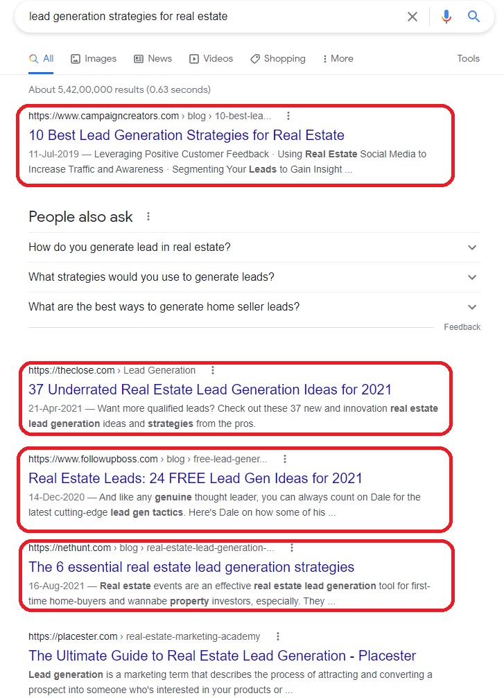 SERP for Lead Gen Strategy for Real Estate